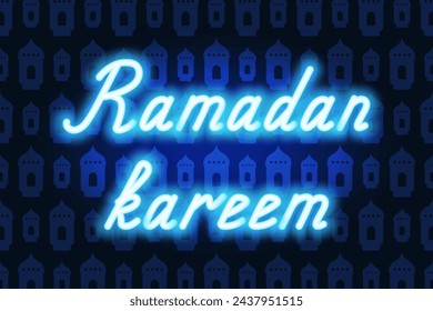 Ramadan Kareem. Blue neon lettering. Glowing holiday text. Color vector illustration. Background of blue lanterns. Congratulations on Ramadan. Idea for web design.