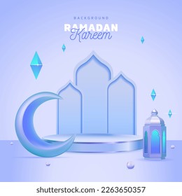 Ramadan Kareem Blue Purple Lantern Podium Stage Design Template with Vector Illustration