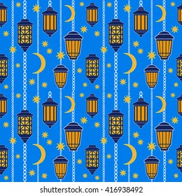 Ramadan Kareem blue seamless background. Arabic lanterns, stars and crescent moon.