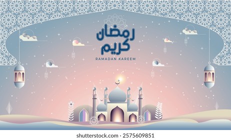 ramadan kareem blue and text arabic background vector design featuring a pastel-colored mosque at sunset, hanging lanterns, clouds, and intricate Islamic geometric patterns ideal for greeting card.