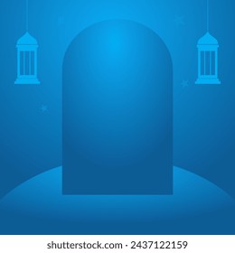 Ramadan kareem blau, 3D Hintergrund mit zwei Laternen mit leerem Raum