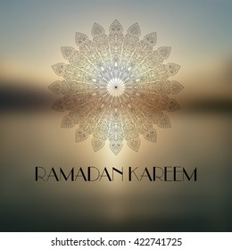 Ramadan Kareem blurred background with round mandala. Arabic, Islamic, Ottoman ornament, pattern, Eid al Adha motif. Vector illustration for greeting card, postcard, invitation, poster, banner etc.