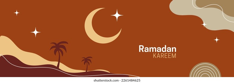 Ramadan Kareem boho design in modern art style. Abstract minimal background with moon, stars, sand desert. Vector illustration for wallpaper, web banner, backdrop template