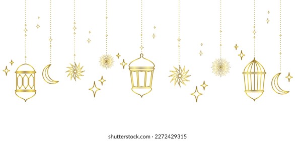 Frontera Ramadan Kareem, fondo del estilo del arte islámico. Símbolos de Ramadán Mubarak, linternas doradas colgando, lámparas árabes, linternas luna, estrella, arte vectorial e ilustración