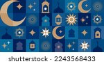 Ramadan Kareem Border, Islamic art Style Background. Symbols of Ramadan Mubarak, Hanging Gold Lanterns, arabic lamps, lanterns, crescent moon, star, art vector and illustration