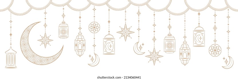 Ramadan Kareem Border, Islamic art Style Background. Symbols of Ramadan Mubarak, Hanging Gold Lanterns, arabic lamps, lanterns moon, star, art vector and illustration