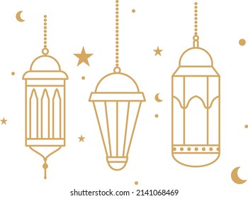 Ramadan Kareem Border, Islamic Art Style Background. Ramadan Mubarak symbols, Golden Hanging Lanterns, arabic lamps, moon lanterns, stars, vector art and illustrations