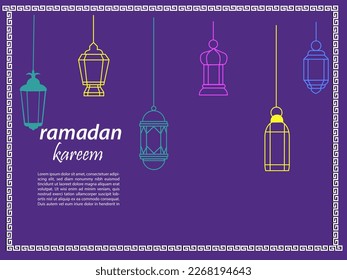 Ramadan Kareem Border, Islamic Art Style Background. Ramadan Mubarak symbols, Hanging Gold Lanterns, Arabic lamps, moon lanterns, stars, background