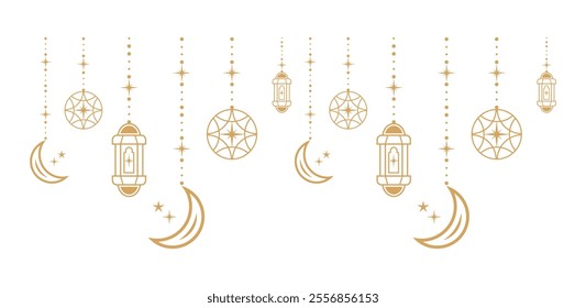 Ramadan Kareem Border, Islamic art Style Background. Symbols of Ramadan Mubarak, Hanging Gold Lanterns, arabic lamps, lanterns moon, star, art vector and illustration