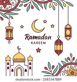 Ramadan Kareem Border, Islamic art Style Background. Symbols of Ramadan Mubarak, Hanging Gold Lanterns, arabic lamps, lanterns moon, star, art vector and illustration
