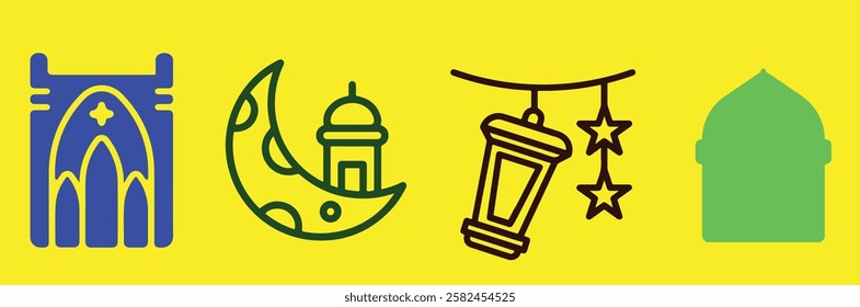 Ramadan Kareem Border, Islamic art Style Background. Symbols of Ramadan Mubarak, Hanging Gold Lanterns, arabic lamps, lanterns moon, star, art