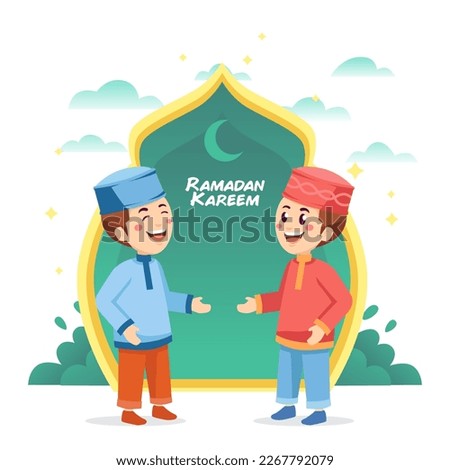Ramadan Kareem Boy meet Freind Cute Cartoon Vector Illustration