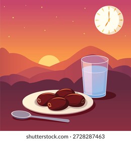 Ramadan Kareem breaking fast concept illustration with traditional dates fruit and glass of fresh water at sunset for Social Media Posts and Iftar Visuals