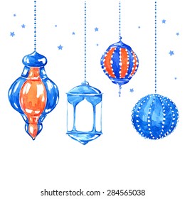Ramadan Kareem. Bright watercolor stains background. Vector watercolor illustration. Set of hanging Arabic lantern. Lamps. Holy month.