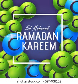 Ramadan Kareem Bubbles with Geometric Frame Vector Background, Abstract Crescent Moon Theme Greeting Card Design - Arabic "Eid Mubarak" "be Blessed" at English