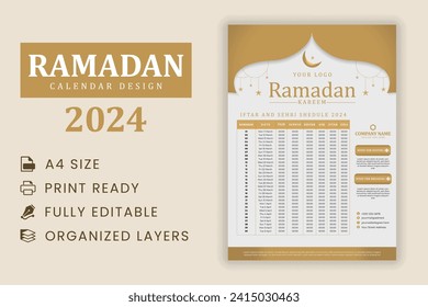 Calendario de Ramadán kareem 2024. Calendario Ramadan Kareem Planner 2024. Horario de Iftar y Oración.