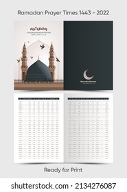 Ramadan Kareem calendar Planner 1443 - 2022, with Arabic text translation:( Ramadan schedule for Prayer times in Ramadan ) brochure ready for print 