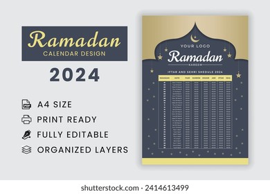 Ramadan Kareem calendar Planner 2024. Ramadan Prayer Timing Calendar 2024. Iftar and Prayer timetable.