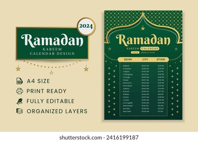 Ramadan Kareem calendar planner 2024. Ramadan calendar 2024 vector design.