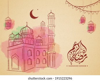 Ramadan Kareem Kalligraphie in arabischer Sprache mit Skizzenmoschee, Crescent Moon, Lanterns Hang und Aquarelleffekt auf gelbem Hintergrund.