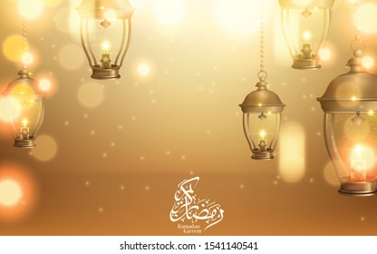 Ramadan Kareem calligraphy design with crescent and fanoos on arabesque background. Vector Illustration