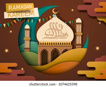 Ramadan Kareem calligraphy design in earth color tone, lovely mosque and crescent in paper art style