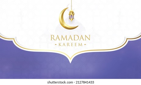 Ramadan Kareem Calligraphy Font With Illuminated Lanterns Hang And Silhouette Mosque On Islamic Pattern Background.	