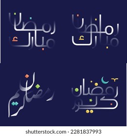 Ramadan Kareem Calligraphy in Glossy White with Colorful Illustrations of Islamic Mosques and Lanterns
