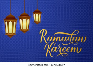 Ramadan Kareem calligraphy lettering and lanterns on blue Arabic pattern  background. Muslim holy month typography poster. Vector template for Islamic banner, greeting card, flyer, invitation.