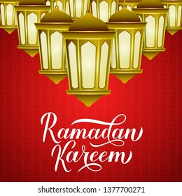 Ramadan Kareem calligraphy lettering and lanterns on red Arabic pattern background. Muslim holy month typography poster. Vector template for Islamic banner, greeting card, invitation, flyer.