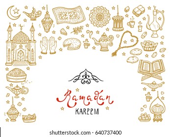 Ramadan Kareem Calligraphy Lettering Phrase and doodle Traditional Arabic items. Greeting card template for holy Muslim festival Ramadan Kareem Vector Background