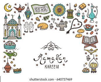 Ramadan Kareem Calligraphy Lettering Phrase and doodle Traditional Arabic items. Greeting card template for holy Muslim festival Ramadan Kareem Vector Background