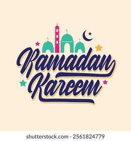 Ramadan Kareem calligraphy with moon and mosque vector illustration. Islamic religious festival holy Ramadan banner, poster, greeting card, template design. Ramadan Mubarak text, sticker, label, logo.