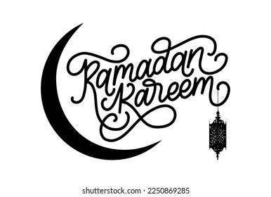 Ramadan Kareem calligraphy on crescent  background, vector illustration of Islamic holiday symbols for poster, greeting card, invitation