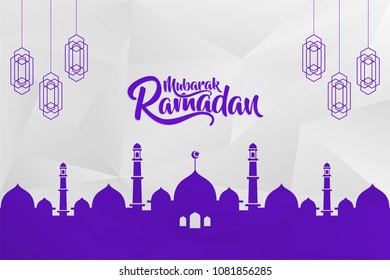 Ramadan Kareem calligraphy with paper art style. Mosque, lantern and lettering combination. Clean background template.