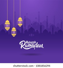 Ramadan Kareem calligraphy with paper art style. Mosque, lantern and lettering combination. Clean background template.
