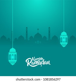Ramadan Kareem calligraphy with paper art style. Mosque, lantern and lettering combination. Clean background template.