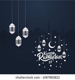Ramadan kareem calligraphy text for greeting card. Mosque, lantern and lettering combination. Clean background template.
