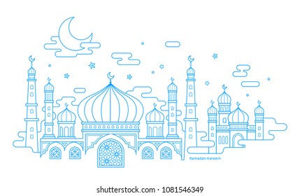 Ramadan Kareem calligraphy with thin line style mosque scenery on white background