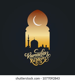 Ramadan Kareem calligraphy. Vector illustration of Islamic holiday symbols. Drawn mosque night view from arch. Arabic design background. Handwritten greeting card, invitation etc.