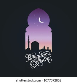 Ramadan Kareem calligraphy. Vector illustration of Islamic holiday symbols. Drawn mosque night view from arch. Arabic design background. Handwritten greeting card, invitation etc.