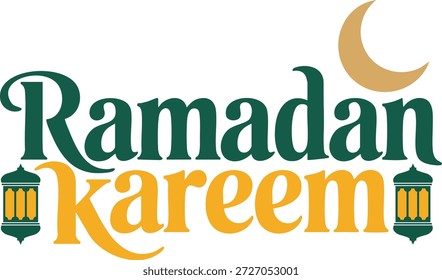 Ramadan Kareem Kalligrafie Vektorgrafik mit Moschee Silhouette in einem Halbmond und hängenden Laternen