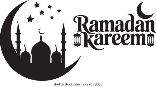 Ramadan Kareem Kalligrafie Vektorgrafik mit Moschee Silhouette in einem Halbmond und hängenden Laternen
