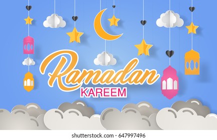 Ramadan Kareem calligraphy vector Illustration. Islamic vector elements for greeting card. Paper cut style design