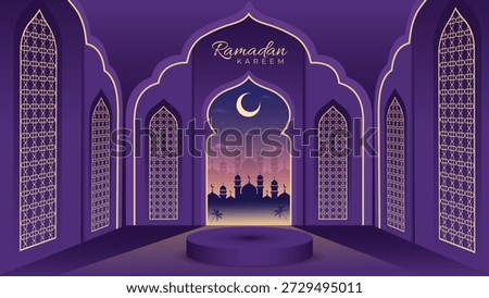 Ramadan Kareem Calm Mosque Prayer Hall Design With Decorative Arches Crescent Moon and Soft Lighting Creating Serene Islamic Worship Background for Holy Month Celebration