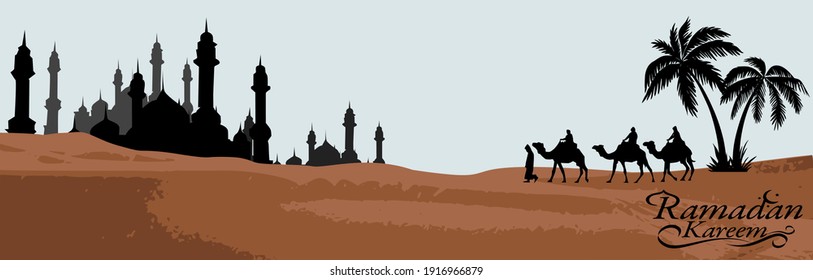 Ramadan Kareem. Camels and Date trees and Mosque in the desert. Vector illustration