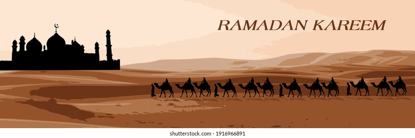 Ramadan Kareem. Camels and Date trees and Mosque in the desert. Vector illustration