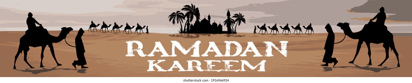Ramadan Kareem. Kamele und Dattelbäume und Moschee in der Wüste. Vektorgrafik