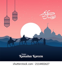 Ramadan Kareem. Camels and Date trees and Mosque in the desert. Vector illustration.