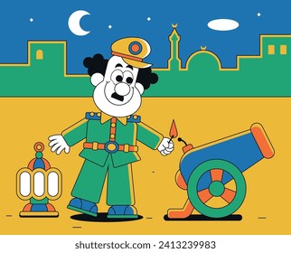 Ramadan Kareem cannon greeting card cartoon vector illustration ( an ancient tradition to notify people the time of breakfasting )
